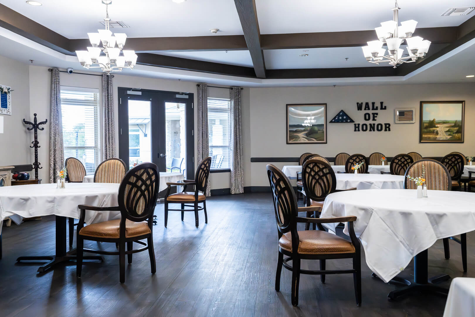 Patriotic Dining Room With Wall of Honor at Assisted Living Communities