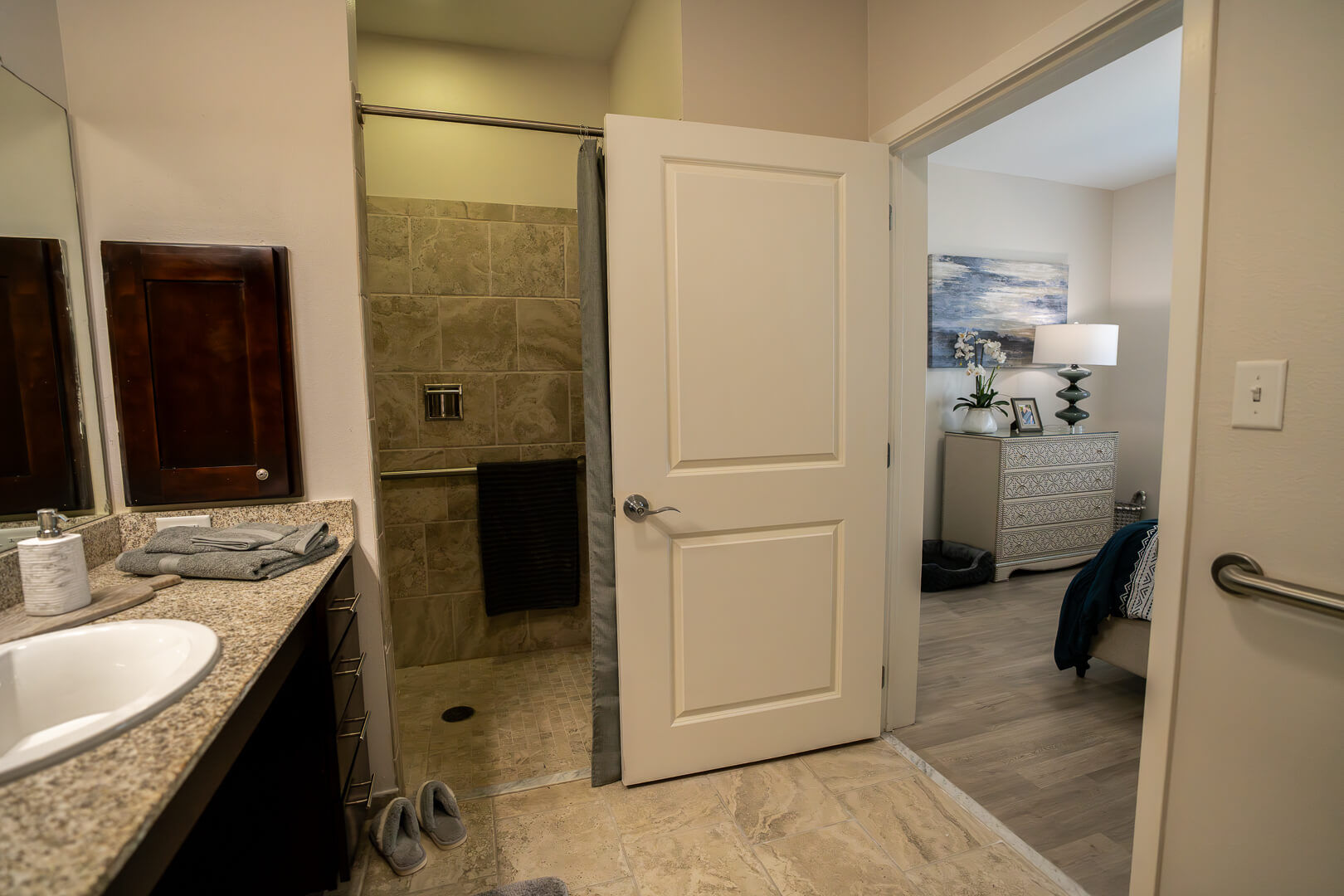 Spacious Private Bathroom With Walk-In Shower at Memory Care Facility