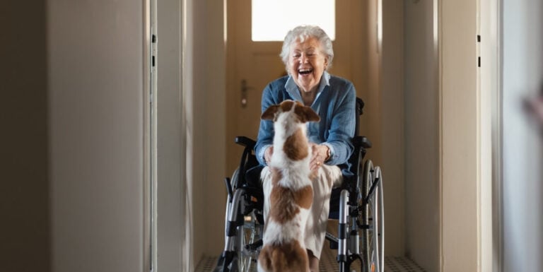 Elderly Female Resident in Wheelchair Playing with Dog at an Assisted Living Facility